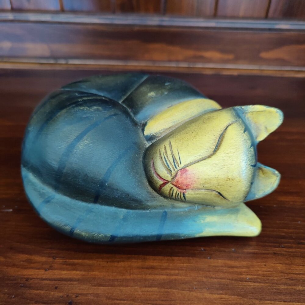 Farm Cat Large Primitive Style Decor  Wooden Figure Curled Up Sleeping Kitten